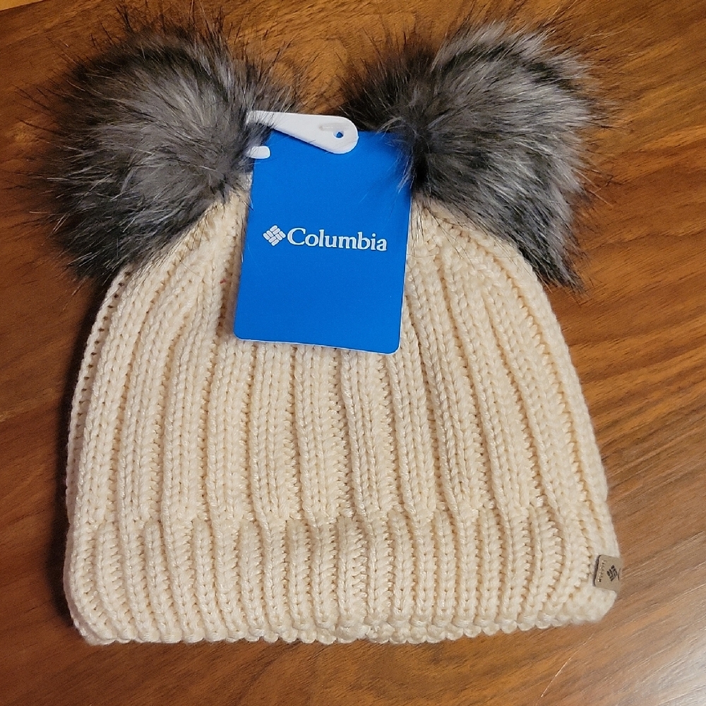 Columbia Ivory Knit Hat with Fluffy Gray Pom Poms